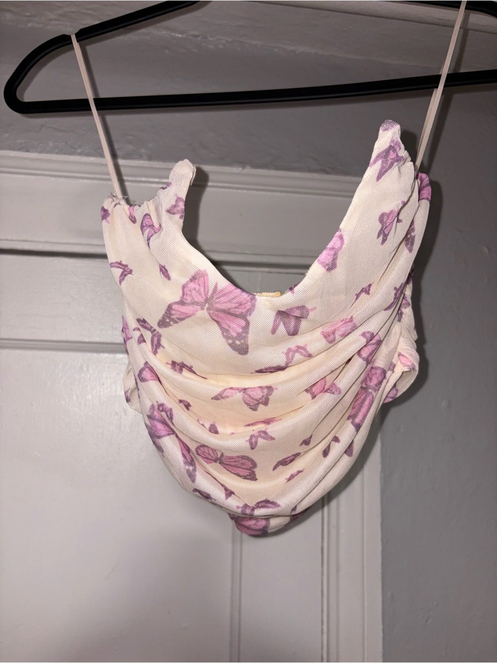 Fashion Nova White Cream Cowl Neck Butterfly Tank Top with Pink Butterflies